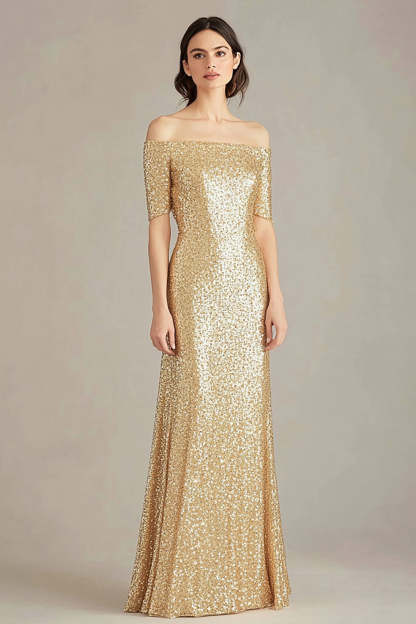 Leely Women Sparkly Gold Sheath Long Formal Dress Off the Shoulder Sequined Half Sleeves Evening Party Dress