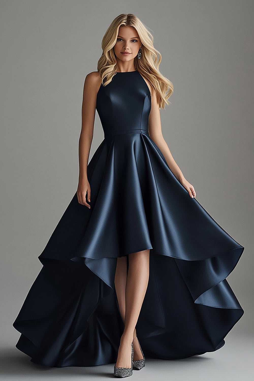 Leely Women A Line Navy Satin Elegant High-Low Formal Dress Asymmetrical Sleeveless Military Ball Dress