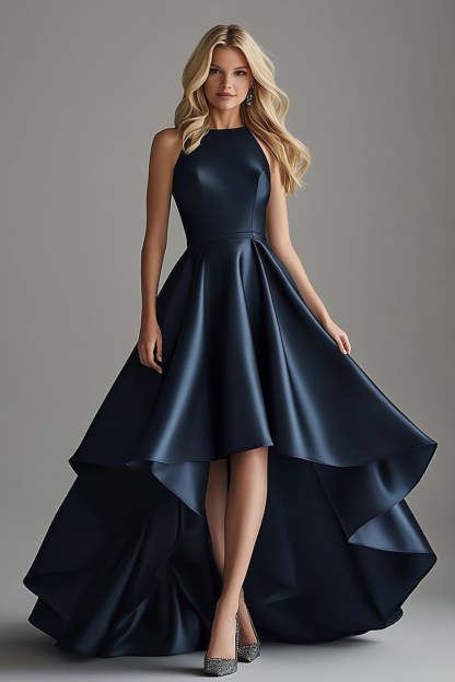 Leely Women A Line Navy Satin Elegant High-Low Formal Dress Asymmetrical Sleeveless Military Ball Dress