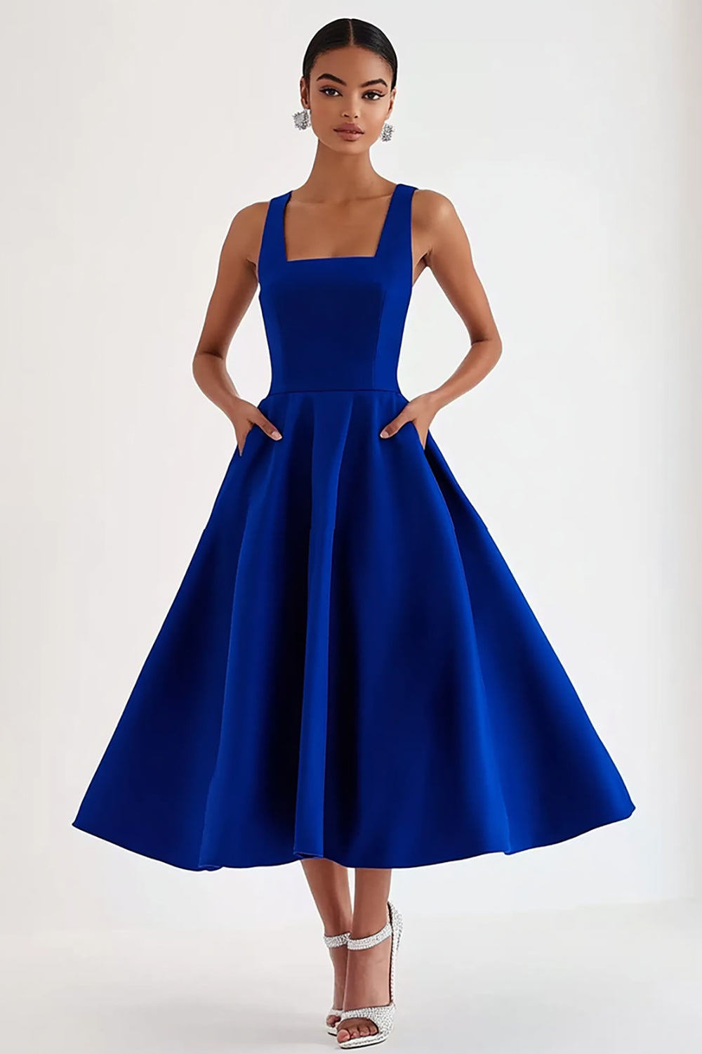 A Line Royal Blue Square Neck Satin Tea-Length Formal Dress