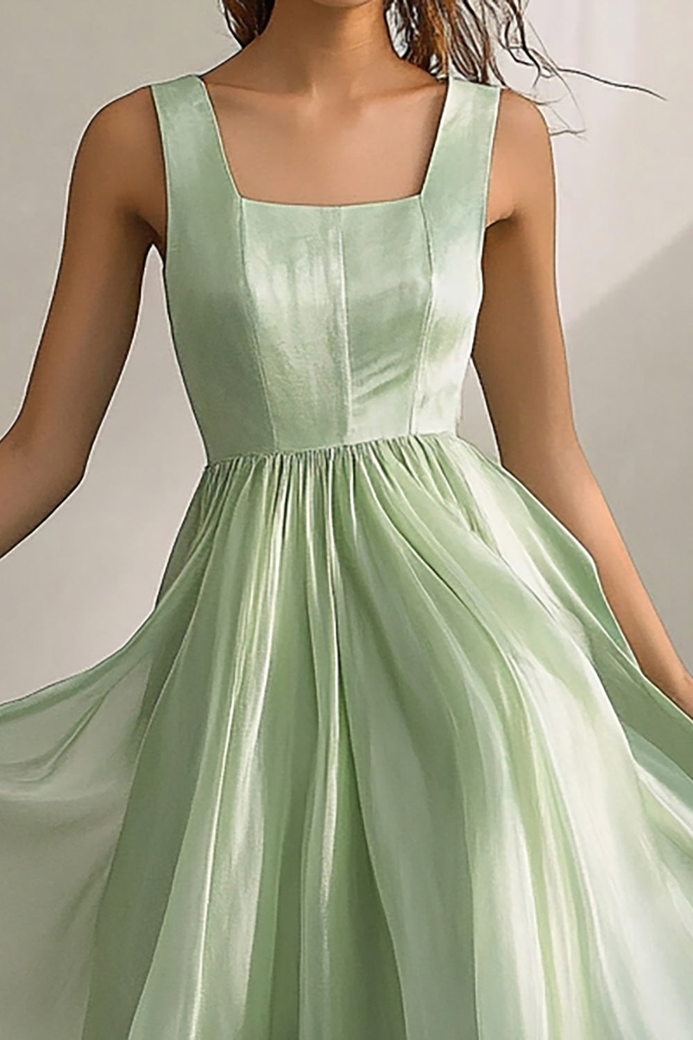 Light Green Square Neck Sleeveless A Line Long Formal Dress