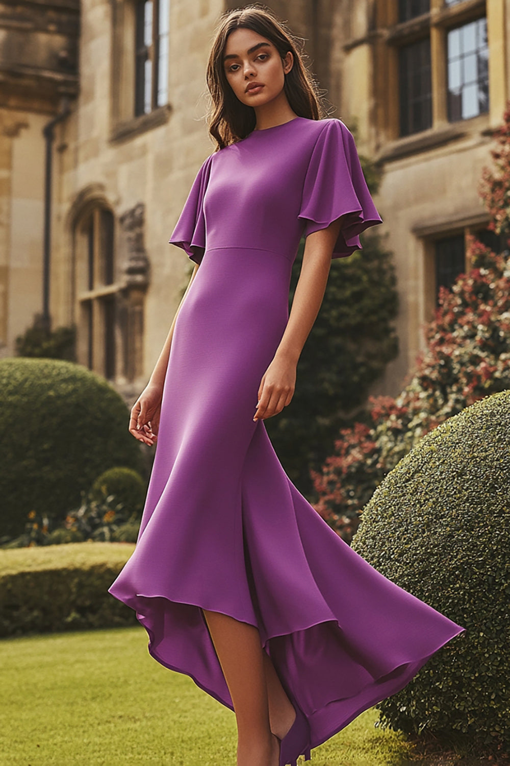 Leely Women Round Neck Plum Flutter Sleeves Sheath Tea-Length Formal Dress Satin Ruffled Wedding Guest Dress