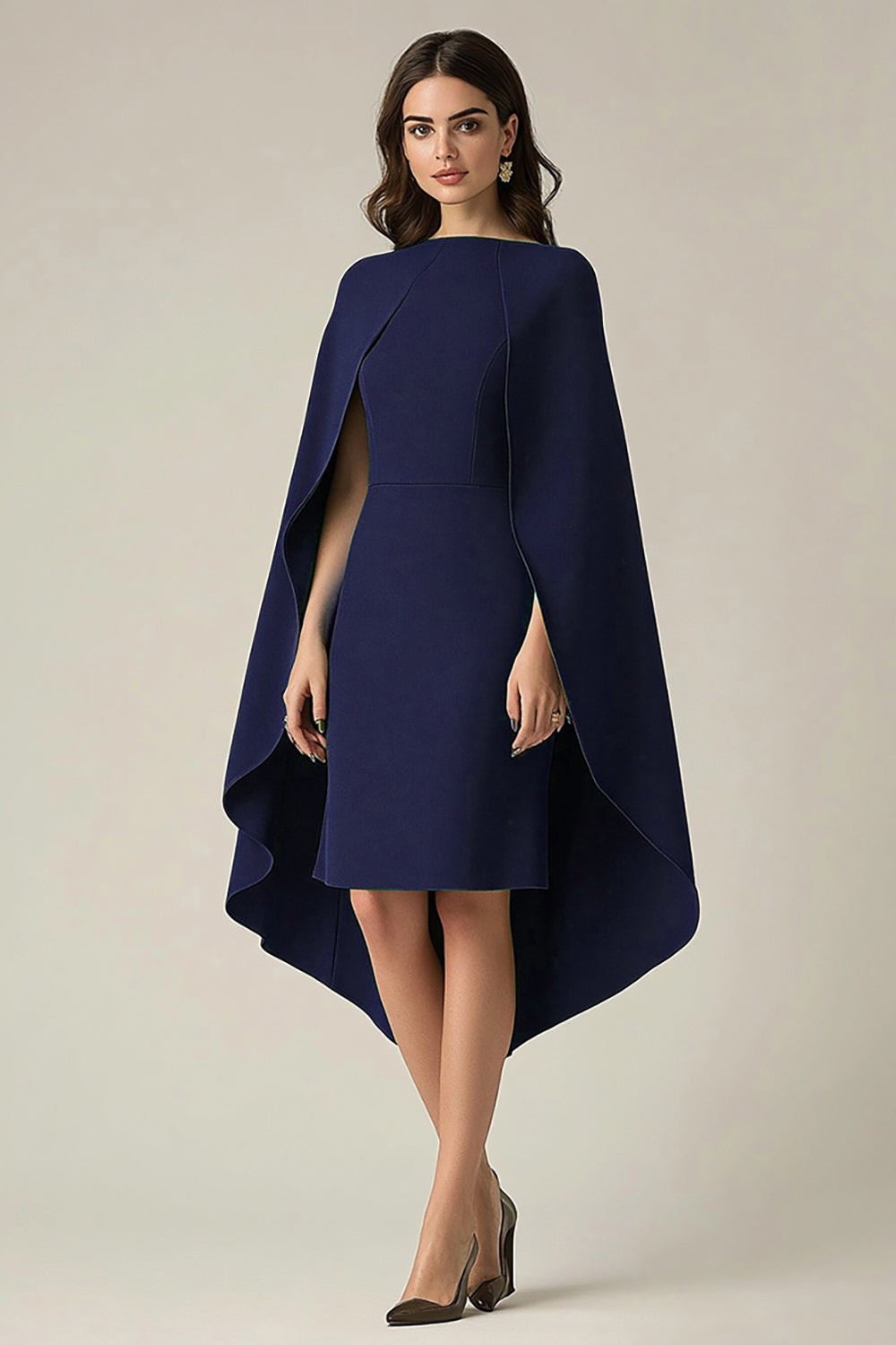 Navy Sheath Satin Midi Formal Dress with Cape