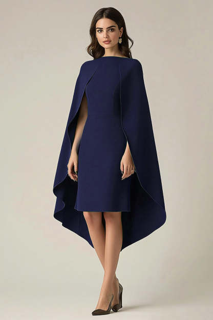 Leely Women Navy Sheath Satin Midi Formal Dress with Cape Round Neck Knee-Length Wedding Guest Dress