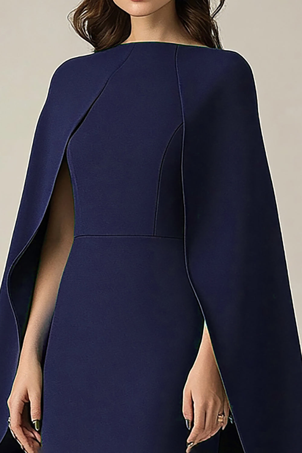 Navy Sheath Satin Midi Formal Dress with Cape