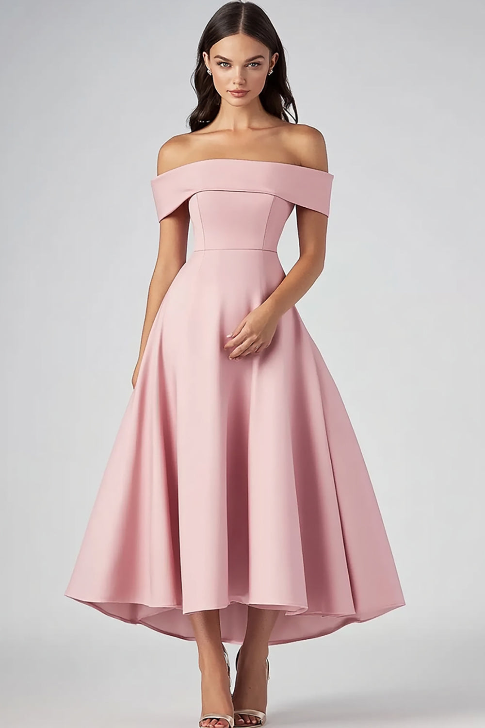Leely Women Pink A Line Tea-Length Pretty Formal Dress Satin Off the Shoulder Ruched Prom Dress