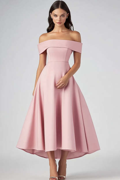 Leely Women Pink A Line Tea-Length Pretty Formal Dress Satin Off the Shoulder Ruched Prom Dress