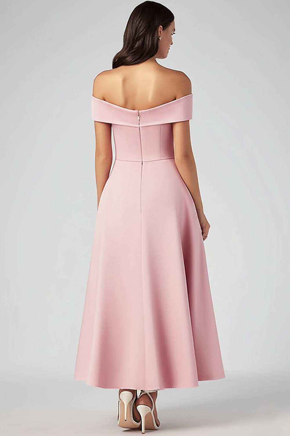 Off the Shoulder Pink A Line Tea-Length Pretty Formal Dress