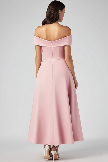 Off the Shoulder Pink A Line Tea-Length Pretty Formal Dress