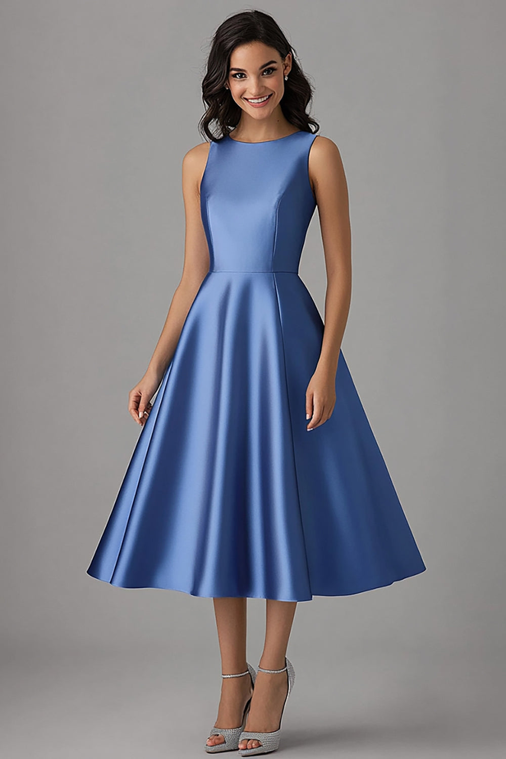 A Line Satin Blue Scoop Neck Tea-Length Formal Dress
