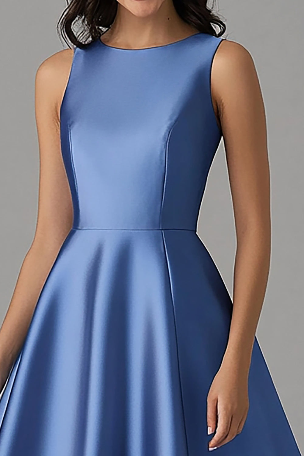 A Line Satin Blue Scoop Neck Tea-Length Formal Dress