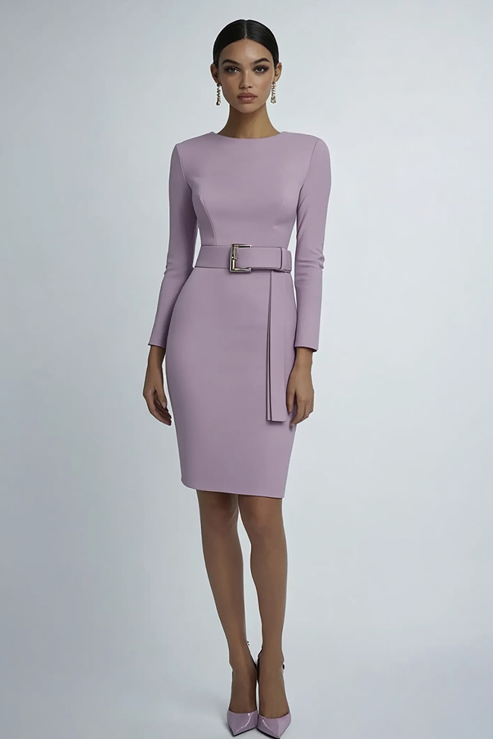 Leely Women Lilac Round Neck Sheath Elegant Formal Dress with Belt Long Sleeves Satin Knee-Length Wedding Guest Dress