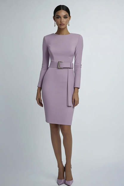 Leely Women Lilac Round Neck Sheath Elegant Formal Dress with Belt Long Sleeves Satin Knee-Length Wedding Guest Dress