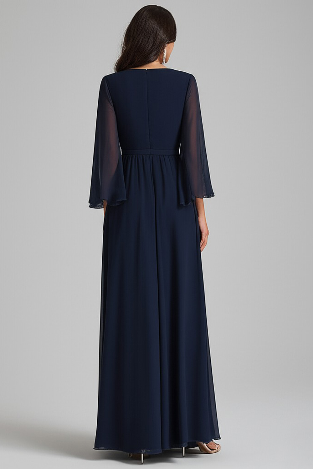 Navy V-Neck Chiffon Long Formal Dress with Ruffle Sleeves