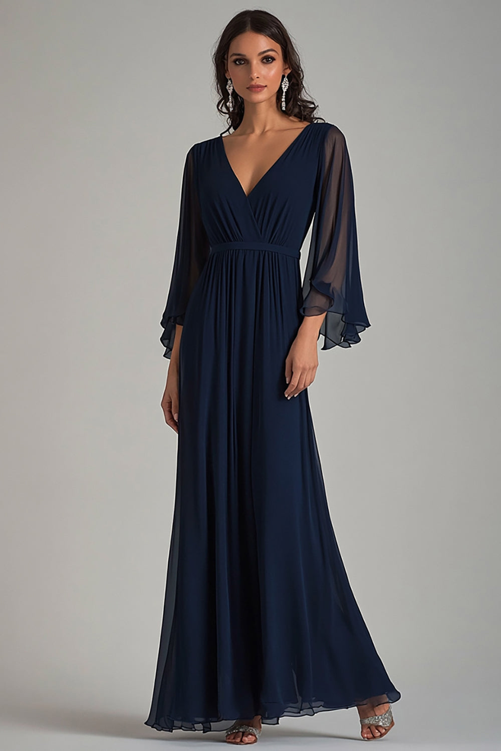 Leely Women Navy V-Neck Chiffon Long Formal Dress with Ruffle Sleeves A Line Wedding Guest Dress