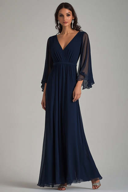 Leely Women Navy V-Neck Chiffon Long Formal Dress with Ruffle Sleeves A Line Wedding Guest Dress
