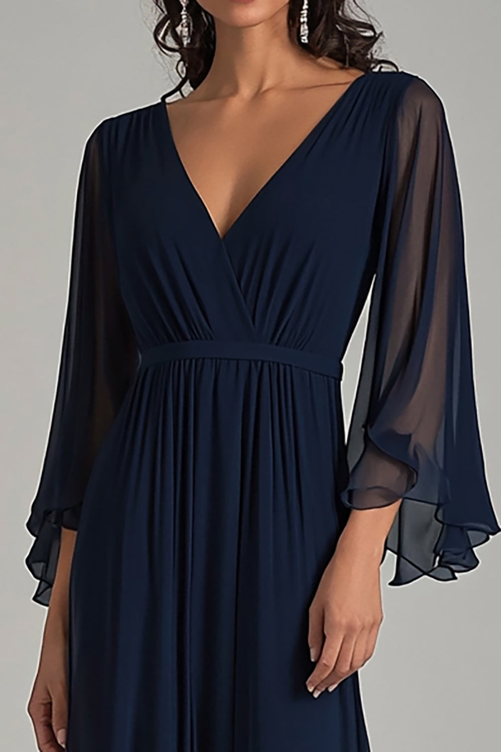 Navy V-Neck Chiffon Long Formal Dress with Ruffle Sleeves