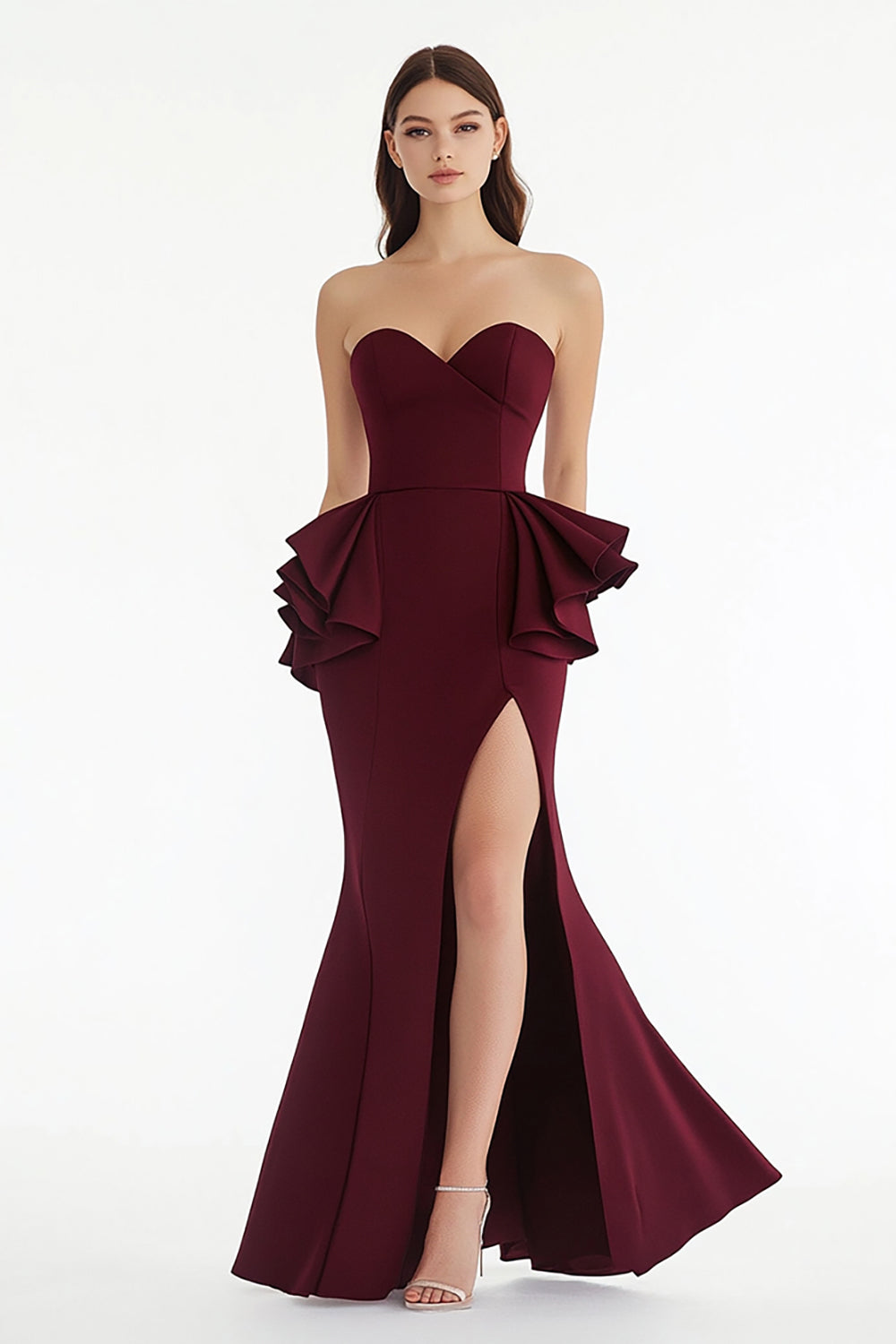 Leely Women Burgundy Sweetheart Sheath Long Formal Dress with Slit Strapless Ruffled Satin Evening Dress