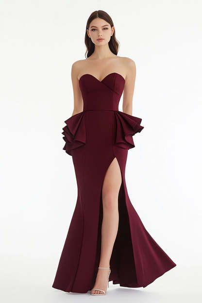 Leely Women Burgundy Sweetheart Sheath Long Formal Dress with Slit Strapless Ruffled Satin Evening Dress