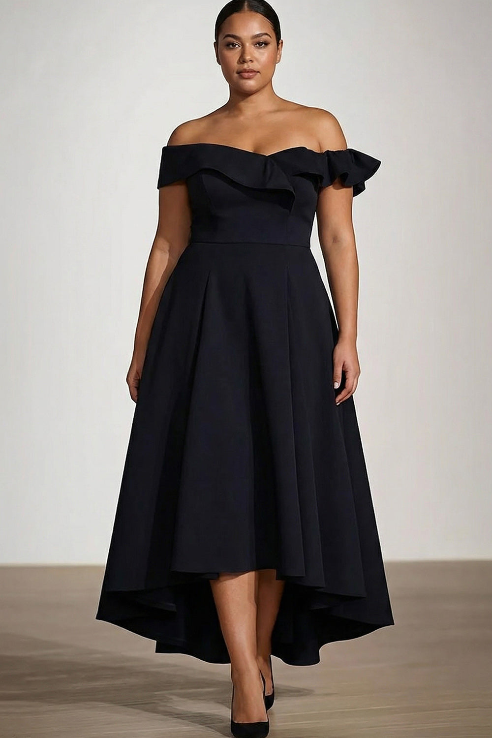 Black Off the Shoulder Plus Size Ruffled A Line Tea-Length Formal Dress
