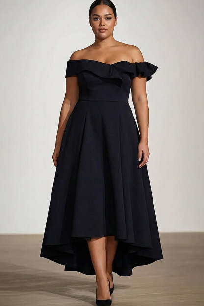 Leely Women Black Ruffled Plus Size A Line Tea-Length Formal Dress Off the Shoulder Satin Evening Dress