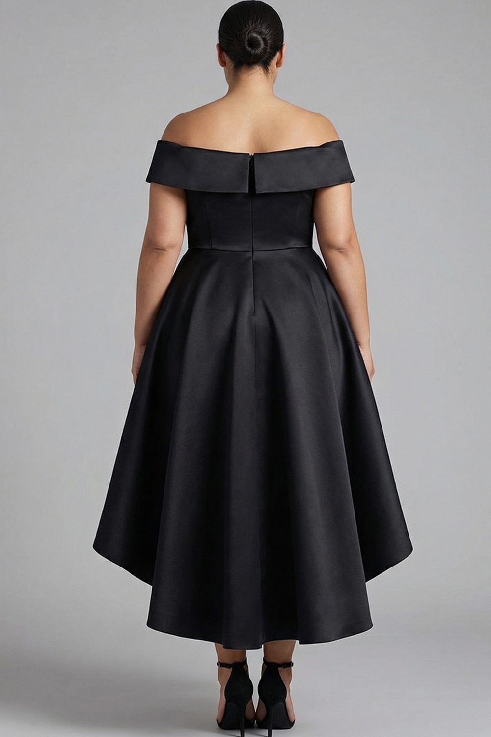 Black Off the Shoulder A Line Ruffled Tea-Length Formal Dress