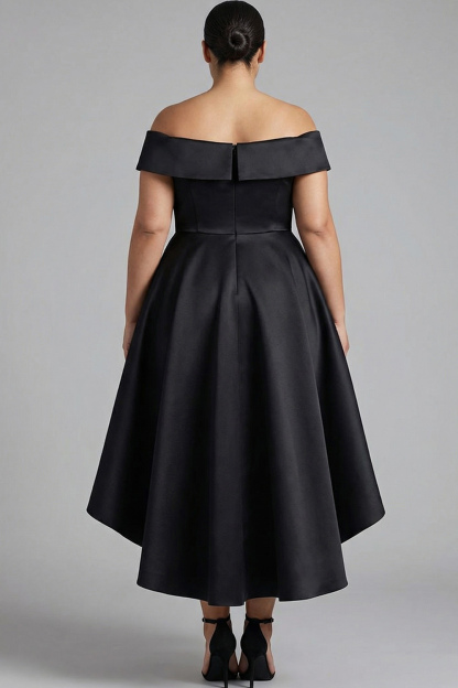 Black Off the Shoulder A Line Ruffled Tea-Length Formal Dress