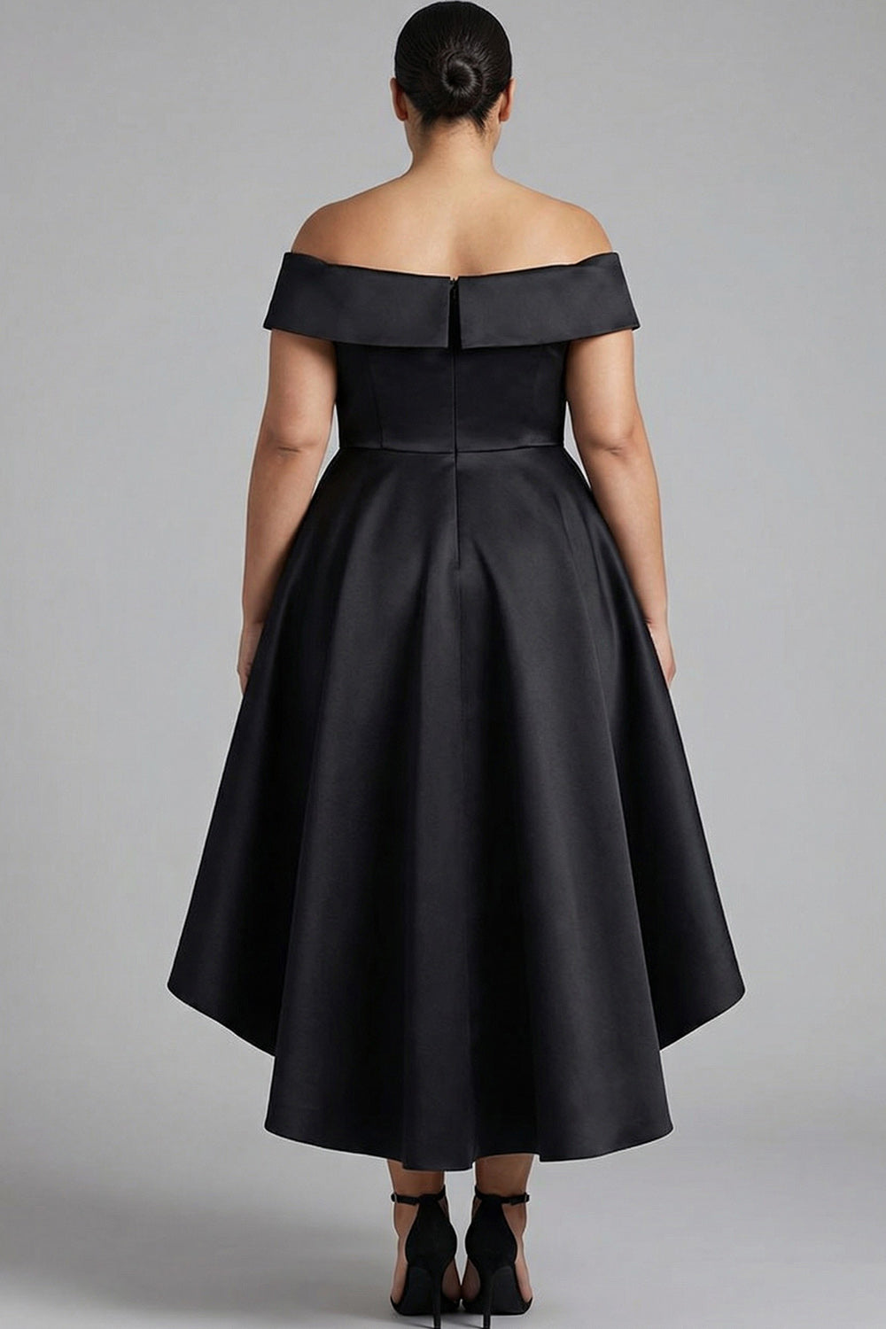 Black Off the Shoulder Plus Size Ruffled A Line Tea-Length Formal Dress