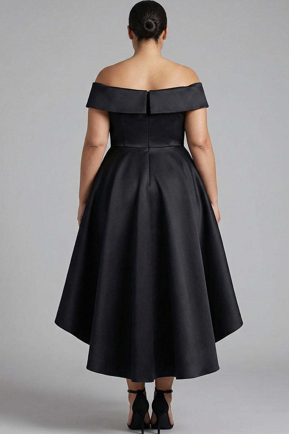 Black Off the Shoulder Plus Size Ruffled A Line Tea-Length Formal Dress