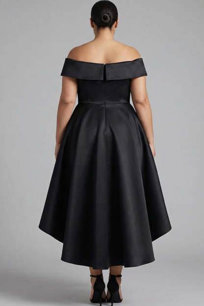 Black Off the Shoulder Plus Size Ruffled A Line Tea-Length Formal Dress
