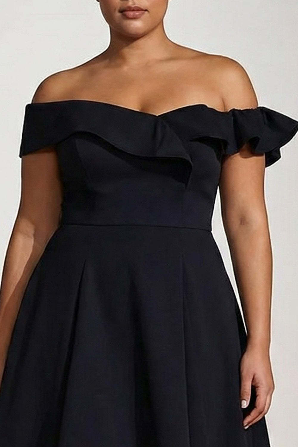 Black Off the Shoulder Plus Size Ruffled A Line Tea-Length Formal Dress