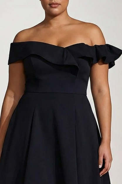 Black Off the Shoulder Plus Size Ruffled A Line Tea-Length Formal Dress