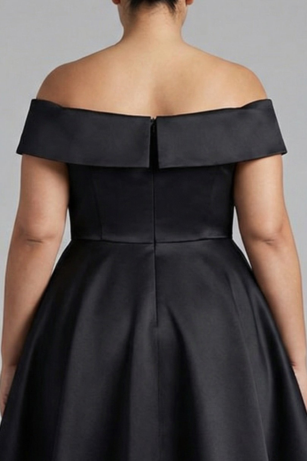 Black Off the Shoulder Plus Size Ruffled A Line Tea-Length Formal Dress