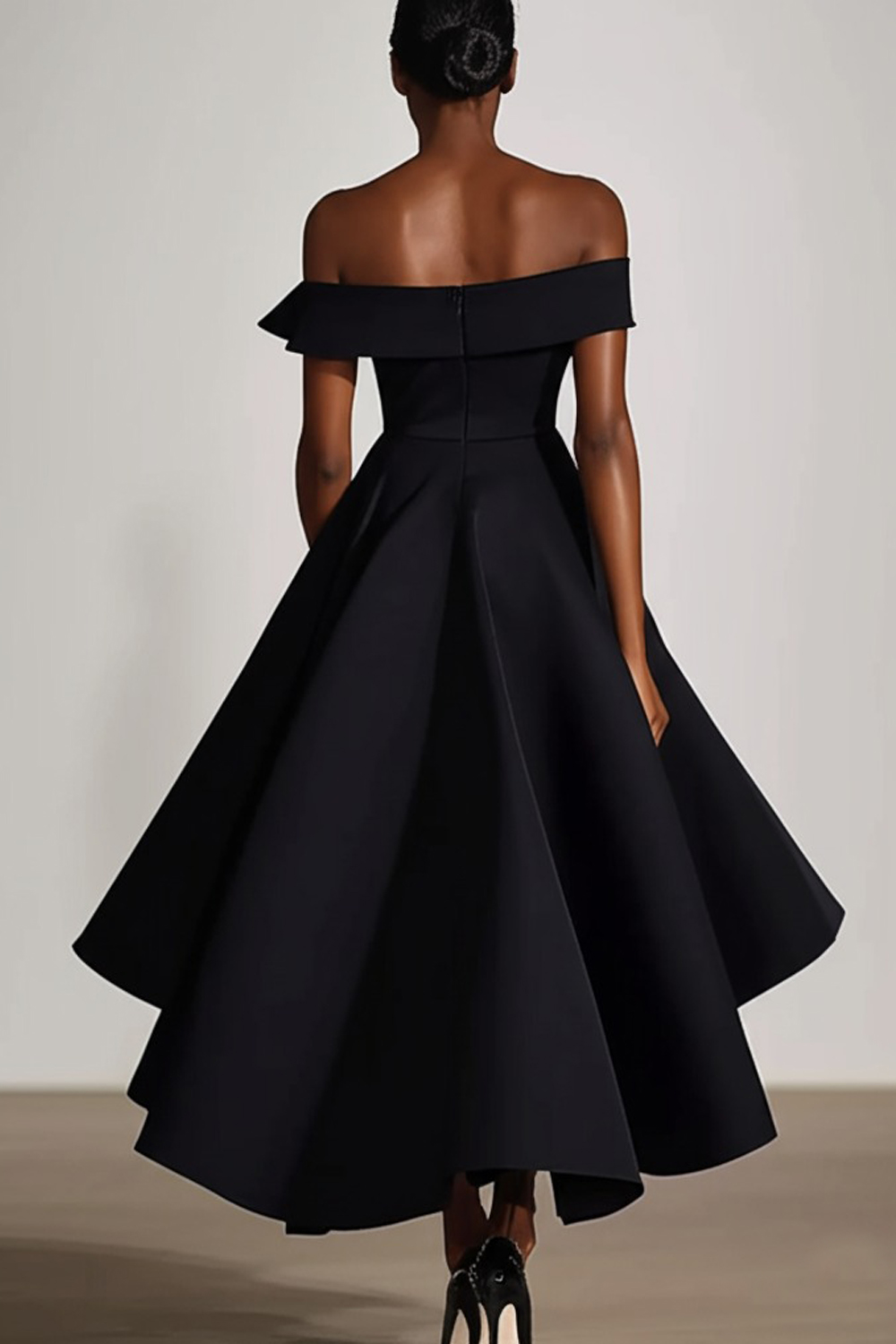 Black Off the Shoulder A Line Ruffled Tea-Length Formal Dress