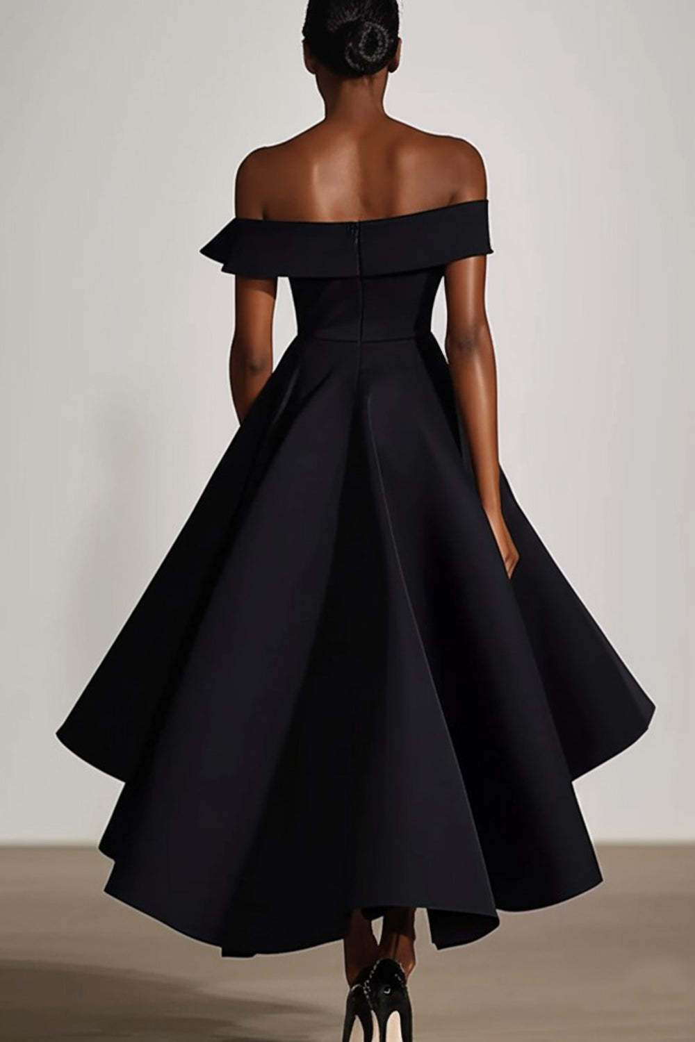 Black Off the Shoulder Plus Size Ruffled A Line Tea-Length Formal Dress