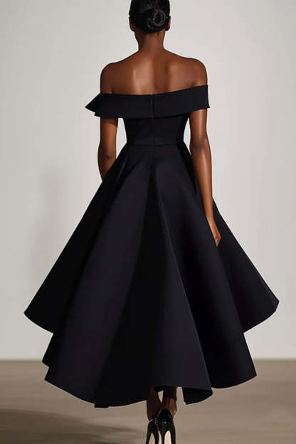 Black Off the Shoulder Plus Size Ruffled A Line Tea-Length Formal Dress