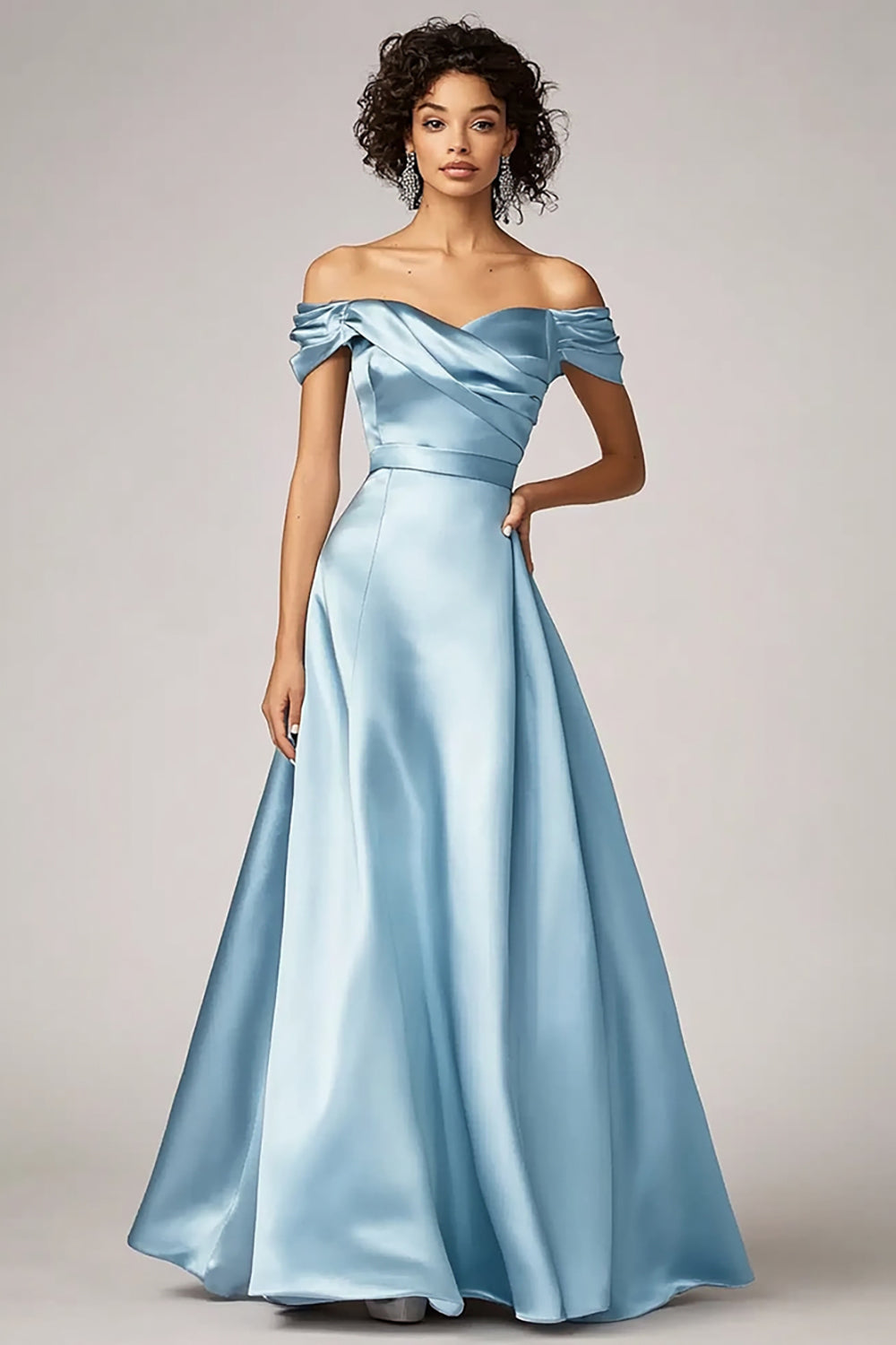 Sky Blue Off the Shoulder A Line Satin Long Formal Dress