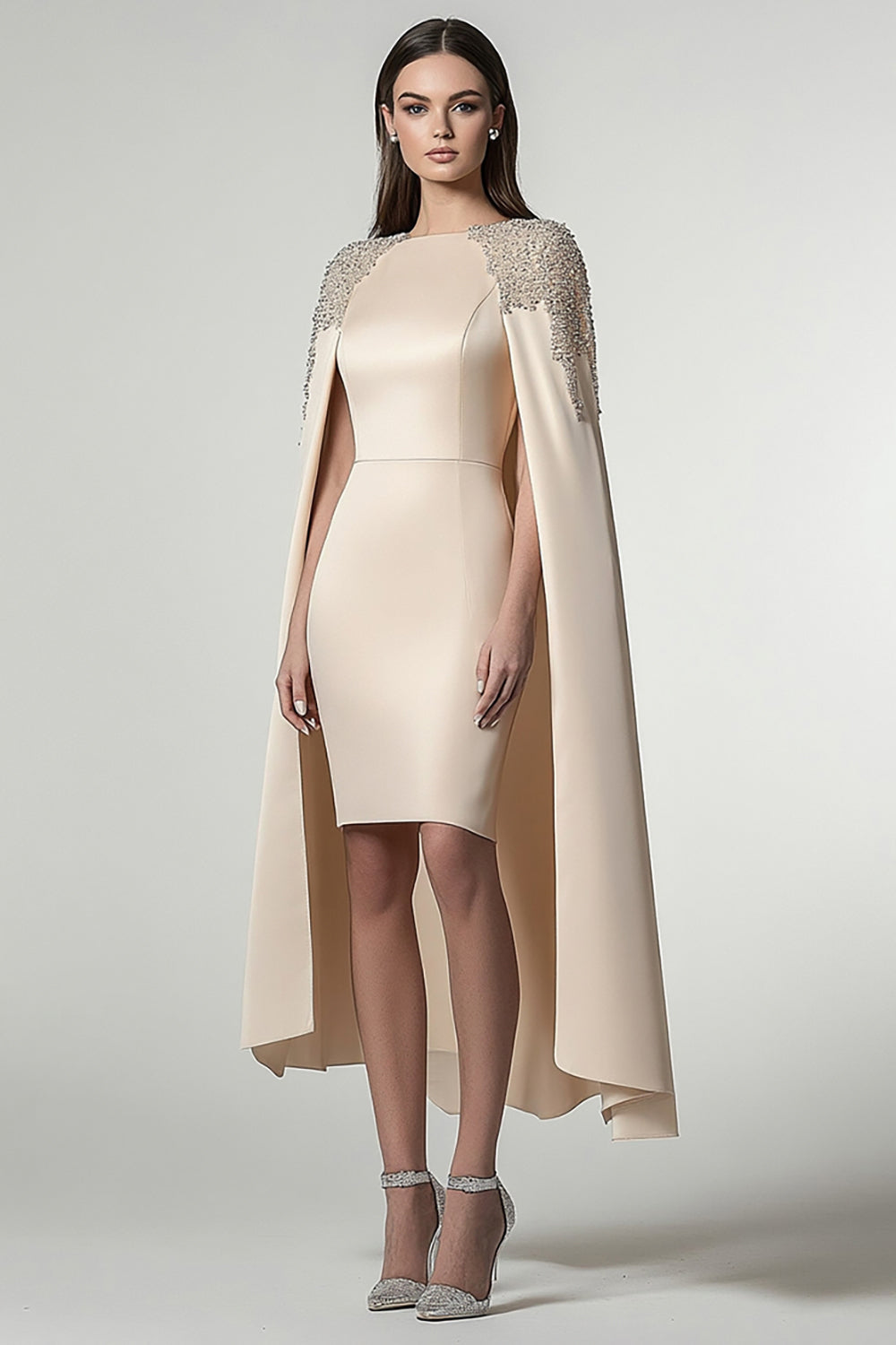 Leely Women Champagne Satin Sheath Knee-Length Formal Dress with Cape Beaded Evening Party Dress