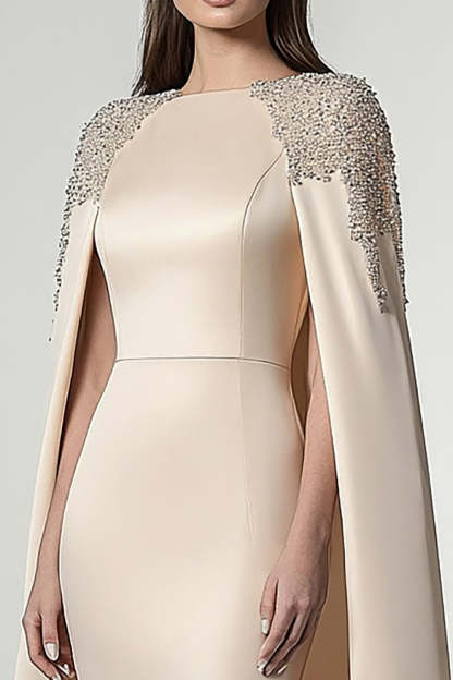 Champagne Satin Sheath Knee-Length Formal Dress with Cape