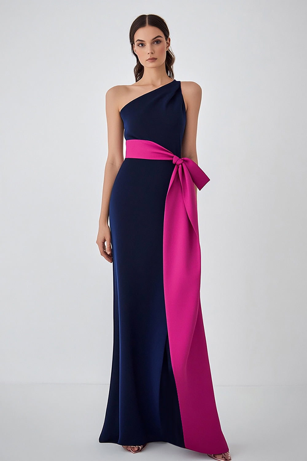 Leely Women Satin Navy Fuchsia Sheath Long Formal Dress One Shoulder Crepe Black Tie Dress