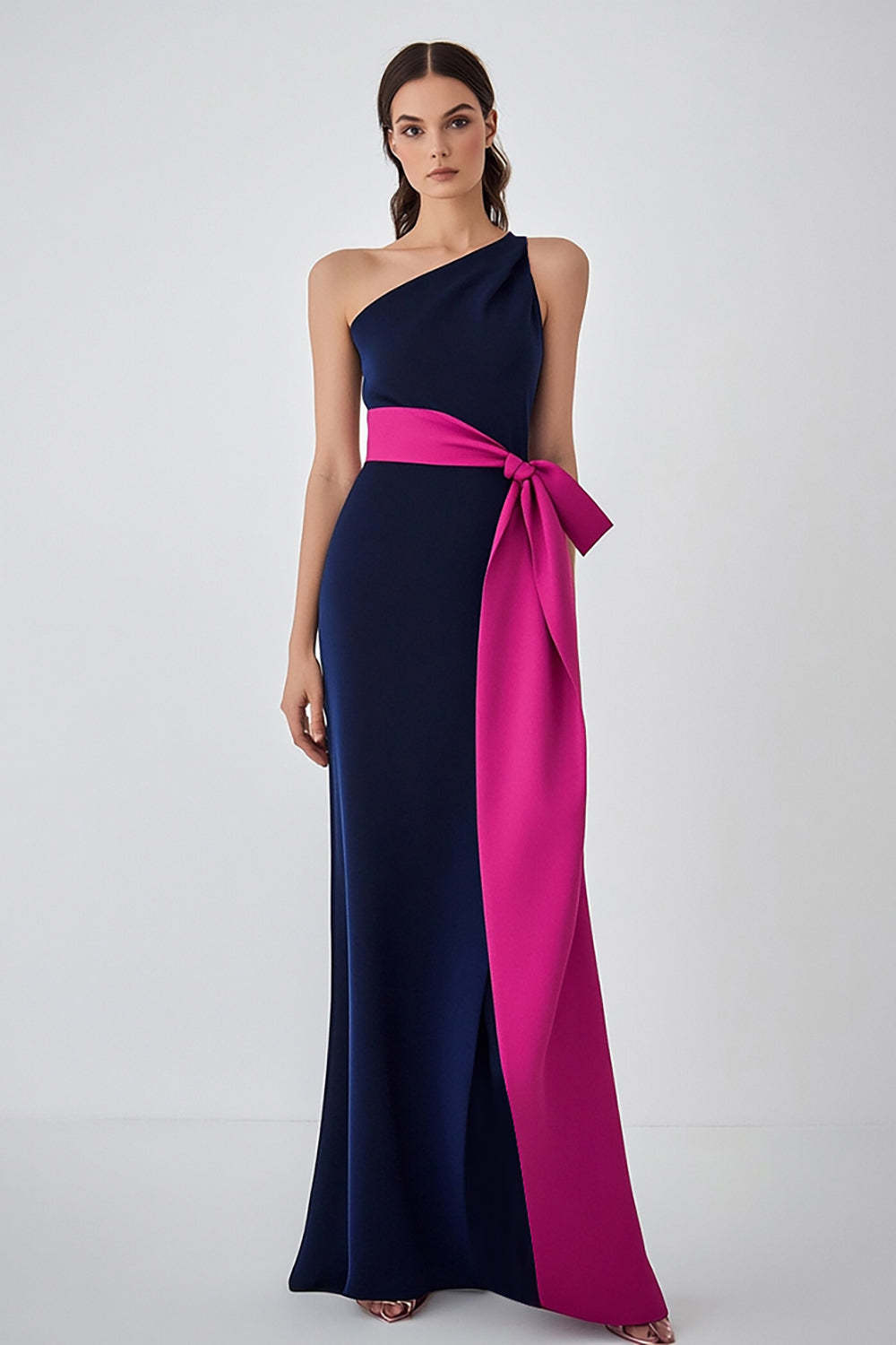 Leely Women Satin Navy Fuchsia Sheath Long Formal Dress One Shoulder Crepe Black Tie Dress