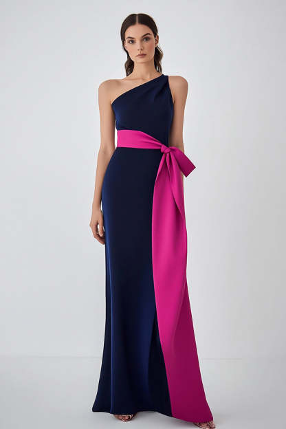 Leely Women Satin Navy Fuchsia Sheath Long Formal Dress One Shoulder Crepe Black Tie Dress