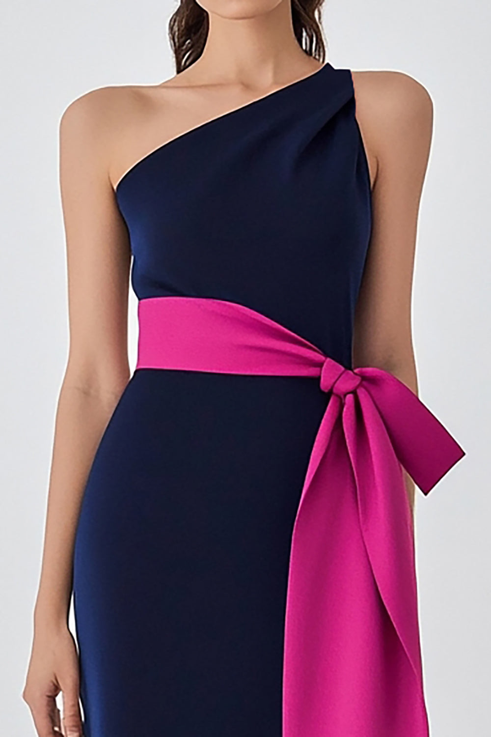 Sheath Navy Fuchsia One Shoulder Long Formal Dress with Sash
