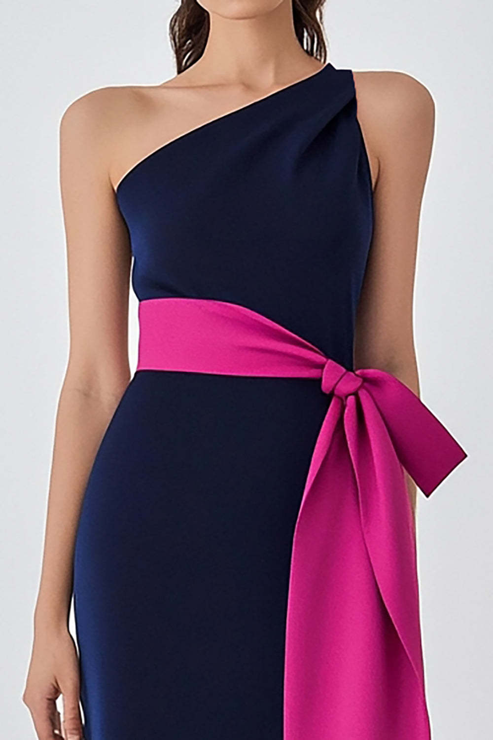 Sheath Navy Fuchsia One Shoulder Long Formal Dress with Sash