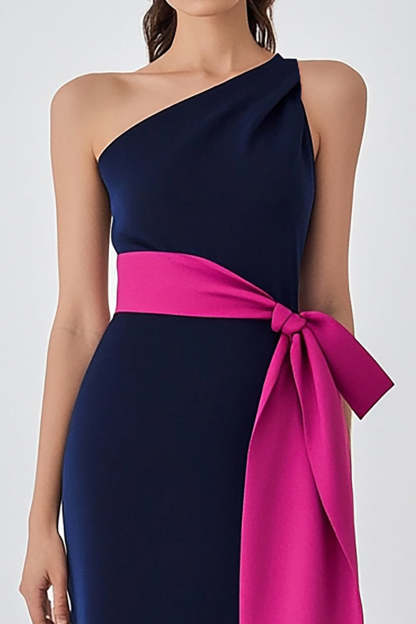 Sheath Navy Fuchsia One Shoulder Long Formal Dress with Sash