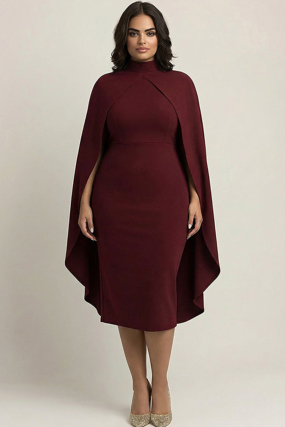 Leely Women Burgundy Sheath Plus Size Ankle-Length Formal Dress with Cape High Neck Satin Evening Dress