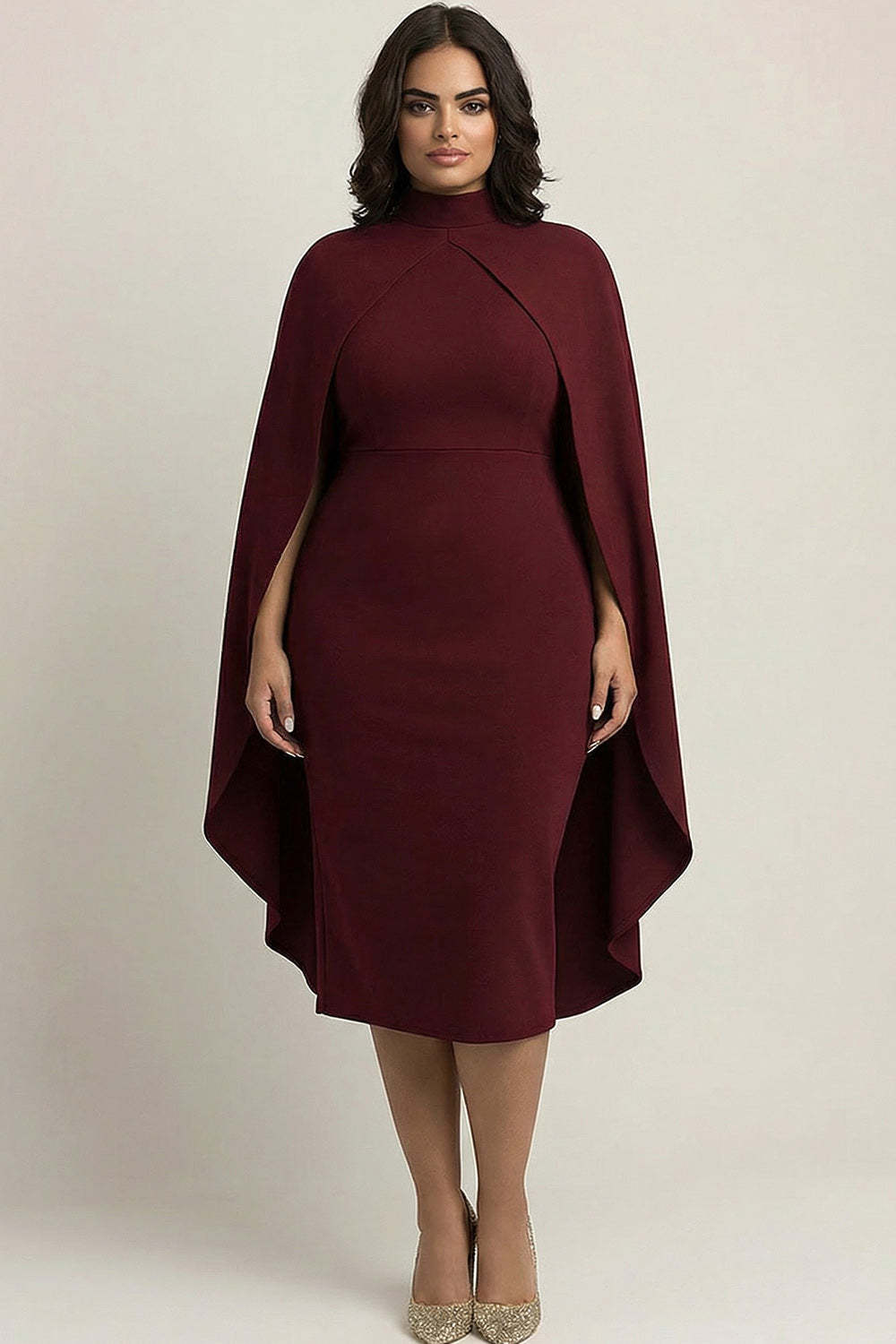 Leely Women Burgundy Sheath Plus Size Ankle-Length Formal Dress with Cape High Neck Satin Evening Dress