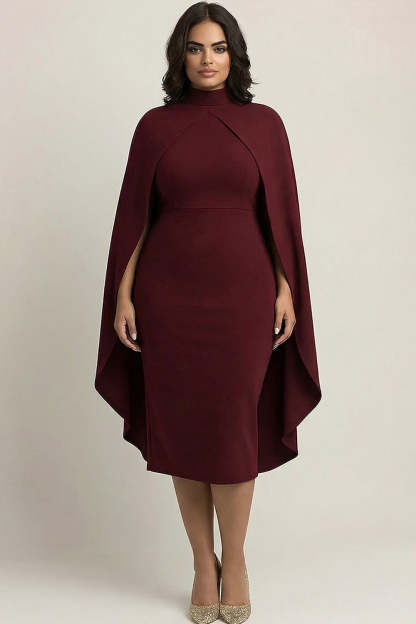 Leely Women Burgundy Sheath Plus Size Ankle-Length Formal Dress with Cape High Neck Satin Evening Dress