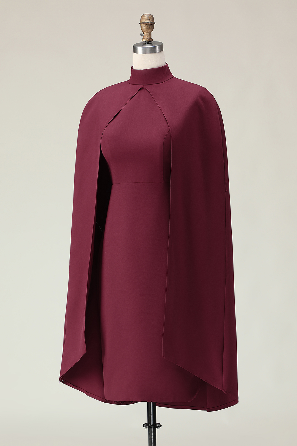 Elegant Burgundy Sheath Midi Formal Dress with Cape