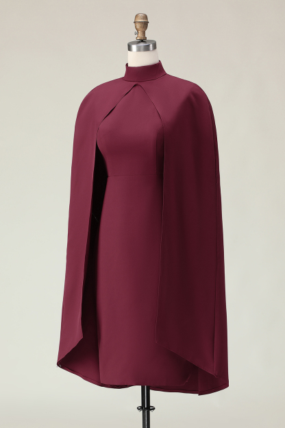 Elegant Burgundy Sheath Midi Formal Dress with Cape